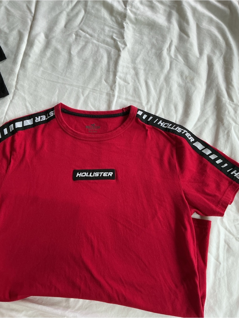 Hollister Bold Red Logo Crewneck Tee with Shoulder Tape
